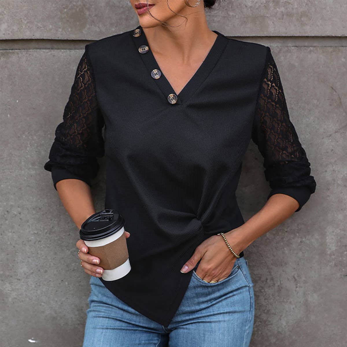 BUTTON V-NECK T-SHIRT LACE PATCHWORK KNIT TOP