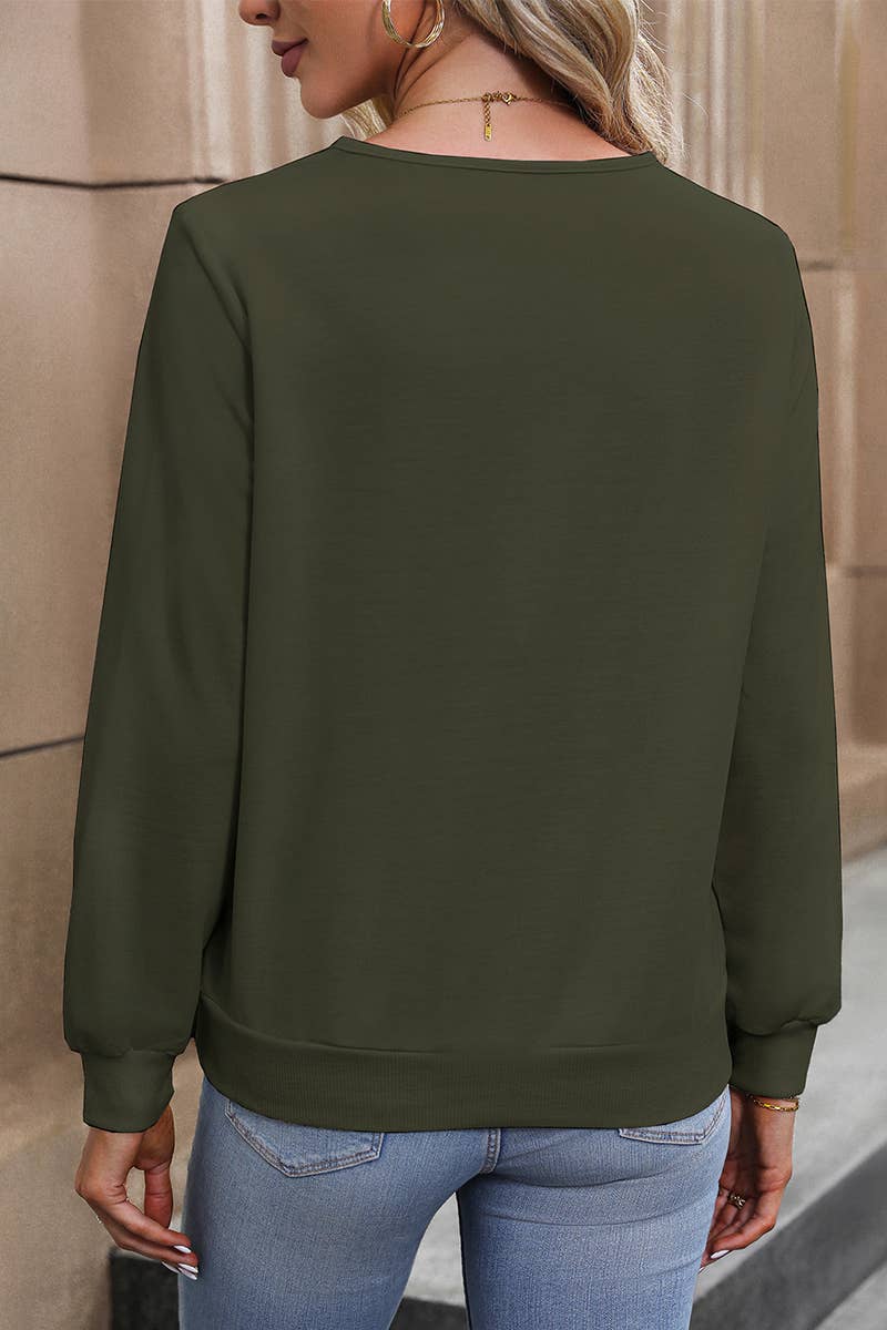 CWTBLL3558_SPRING AND AUTUMN SOLID COLOR V-NECK SWEATSHIRT