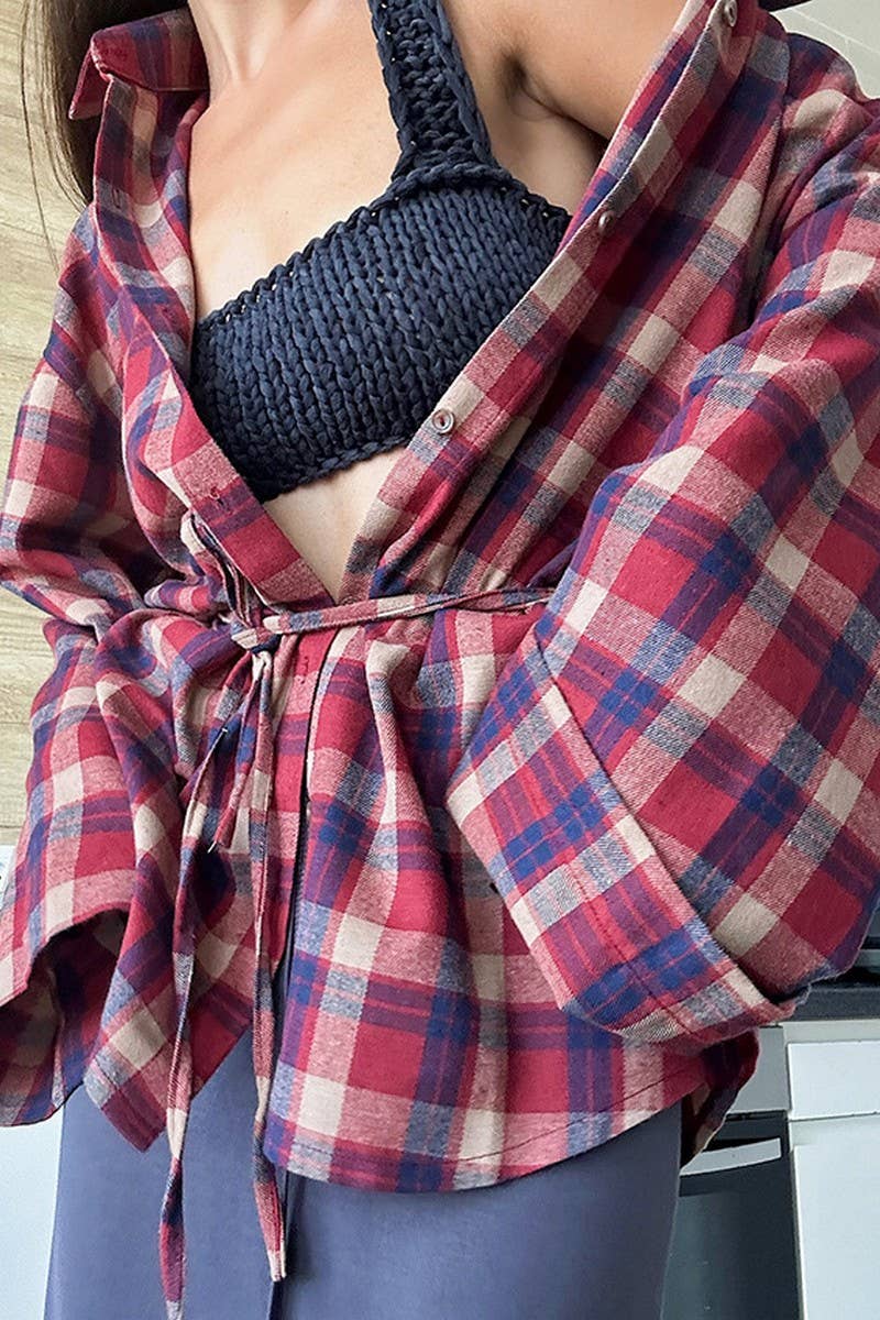 CWTBLL00579_LOOSE RETRO LACE-UP PLAID LONG-SLEEVED SHIRT