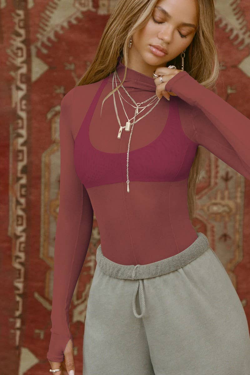 CWTBLL3812_SHEER MESH SLIM FIT HIGH NECK LONG SLEEVE TOP