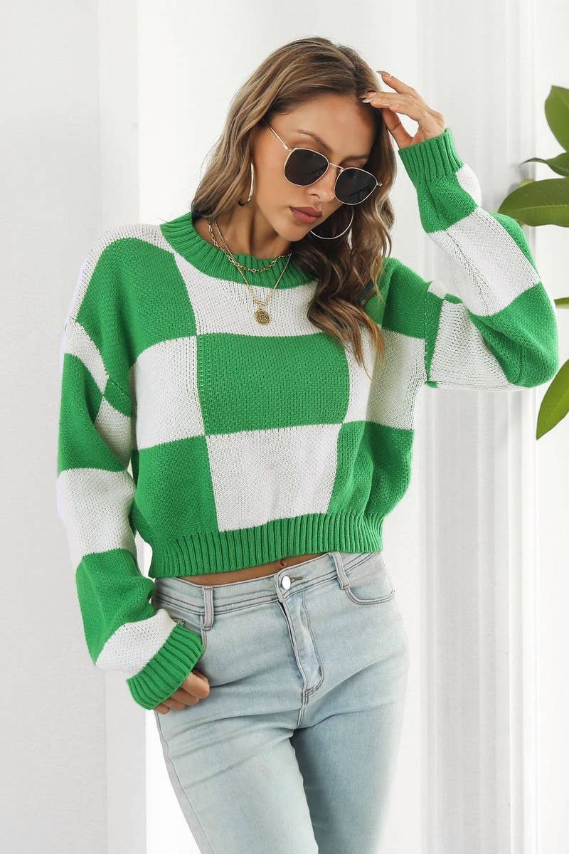CWOSWL3966_CHECKERBOARD LONG-SLEEVED CROPPED SWEATER