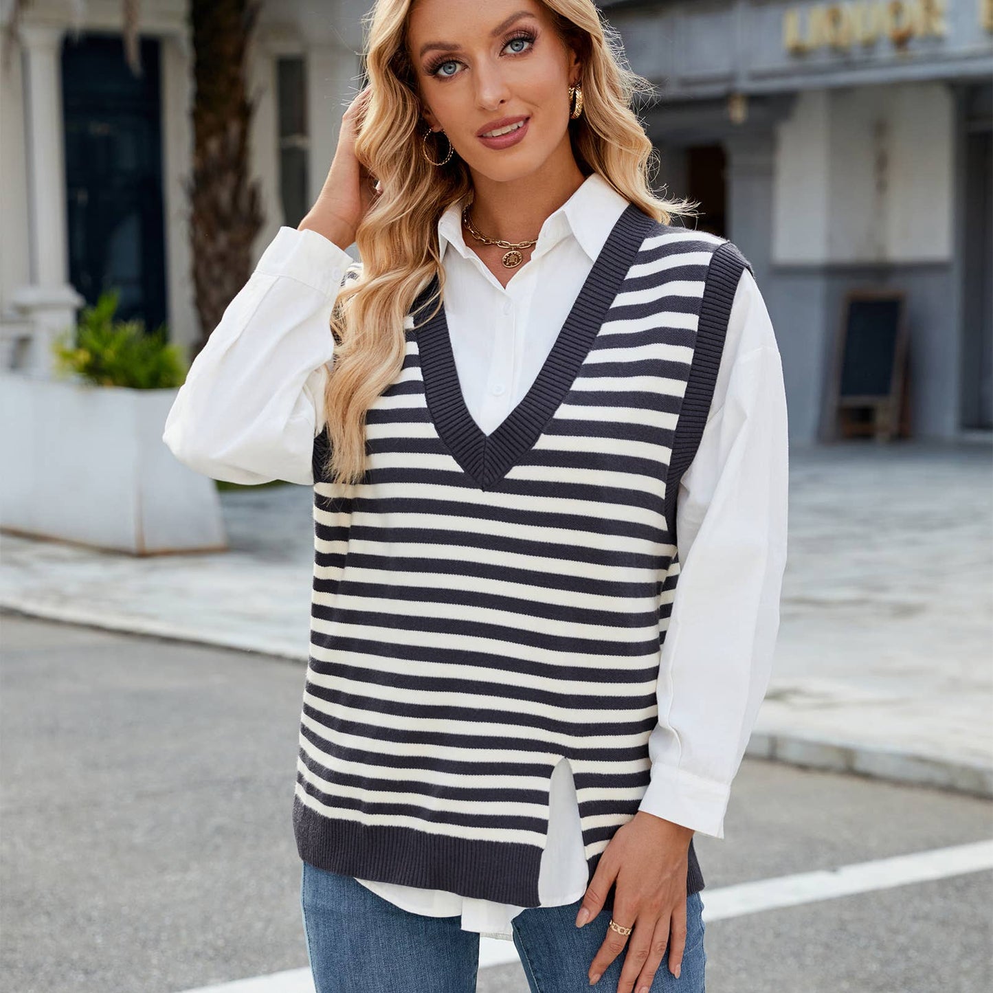 CASUAL V-NECK SPLIT SWEATER VEST VEST VEST