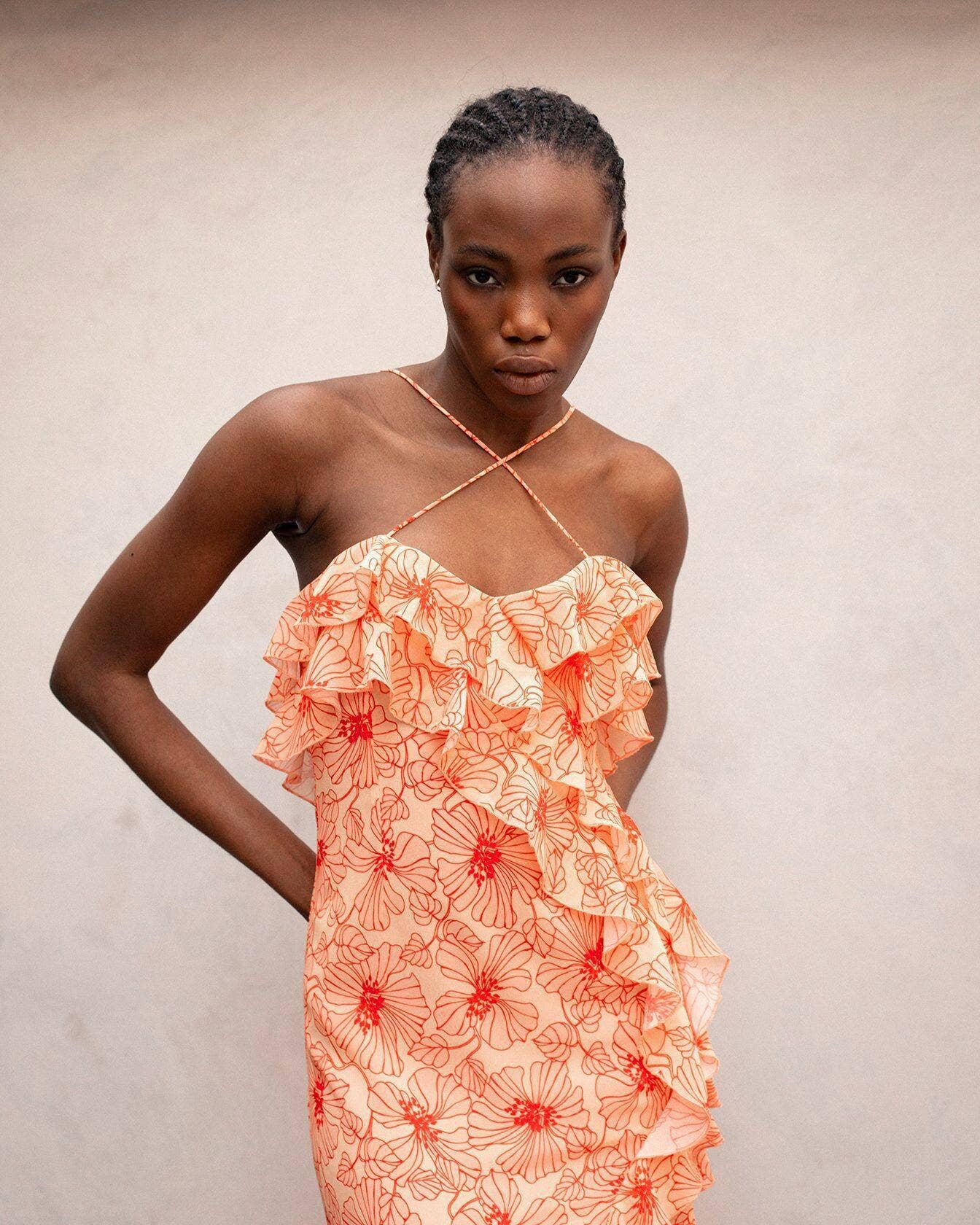 FLORAL DRESS WITH CROSSED WOODEN EARS