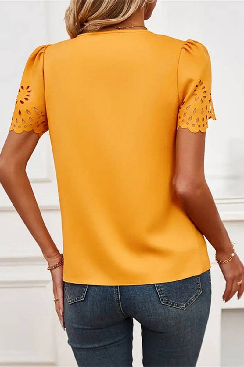 CWTTS1403_V-NECK COMMUTER HOLLOW SHORT-SLEEVED TOP