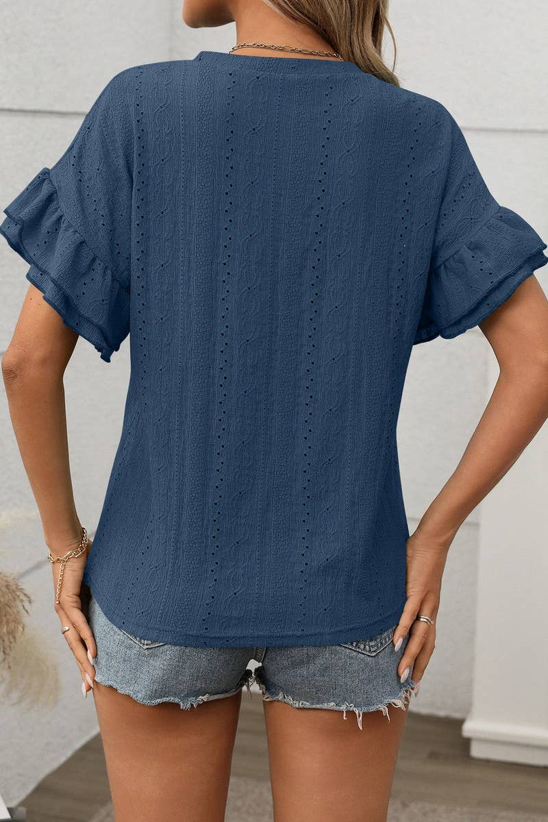 CWTBLS1719_ROUND NECK RUFFLE SLEEVE SHORT SLEEVE T-SHIRT TOP