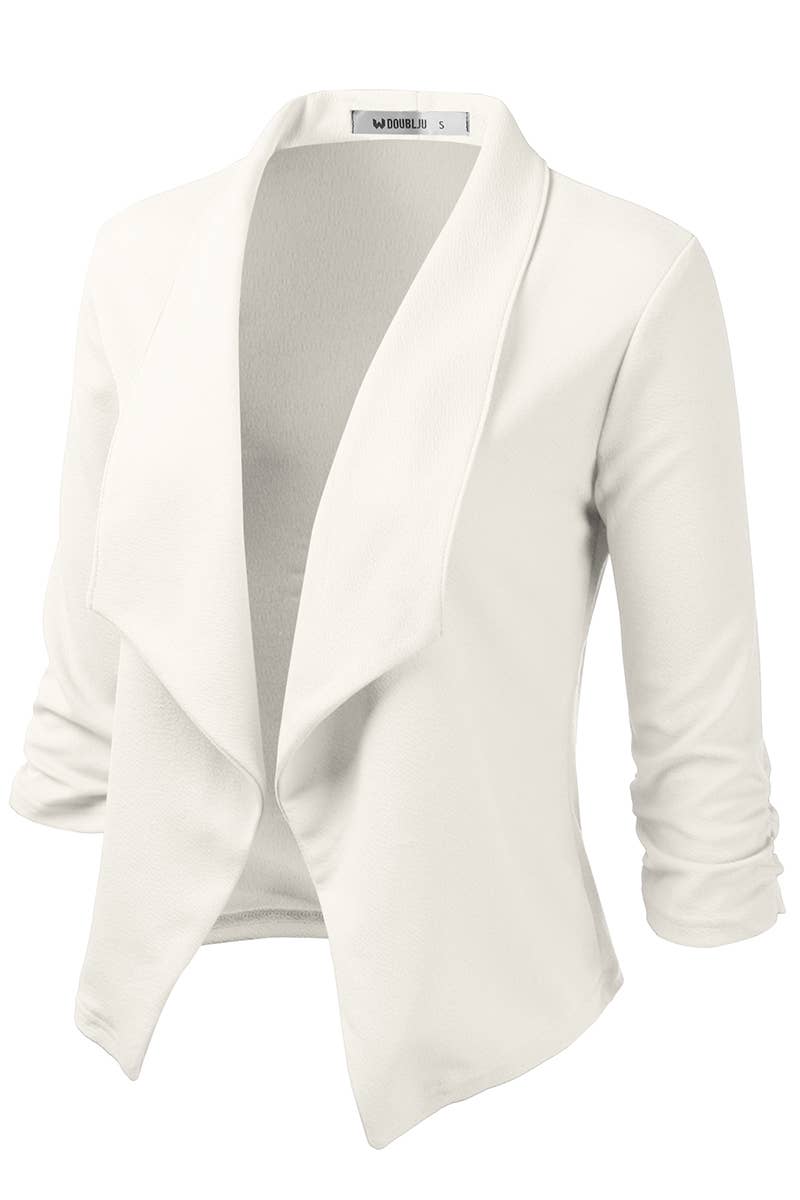 CWOBL091_Casual Work Ruched 3/4 Slv Open Front Blazer Jacket