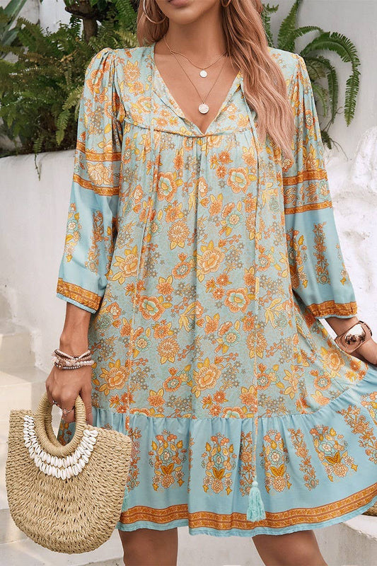 CWDSD8924_SPRING AND SUMMER V-NECK LACE-UP PRINT DRESS