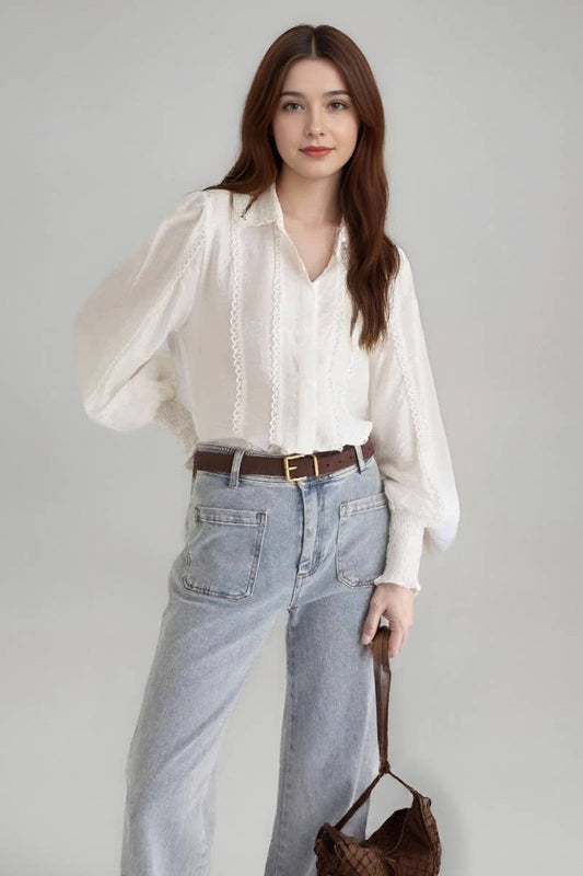 CWTSTL2905_WHITE LACE TRIM LANTERN SLEEVE SHIRT BLOUSE