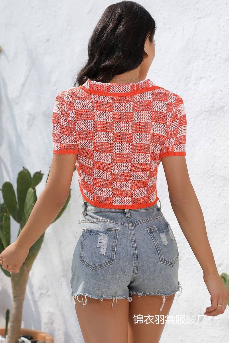 CWTBLS1748_SUMMER PLAID SEASIDE KNITTED SHORT T-SHIRT