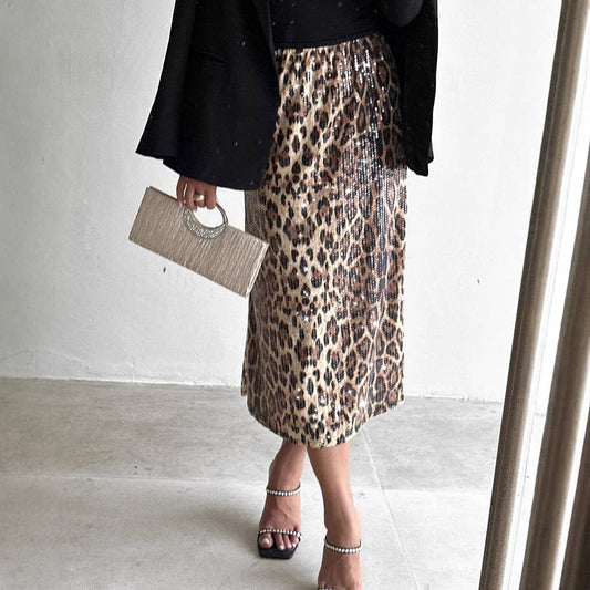 BEAD LEOPARD PRINT LONG FASHION CASUAL SKIRT