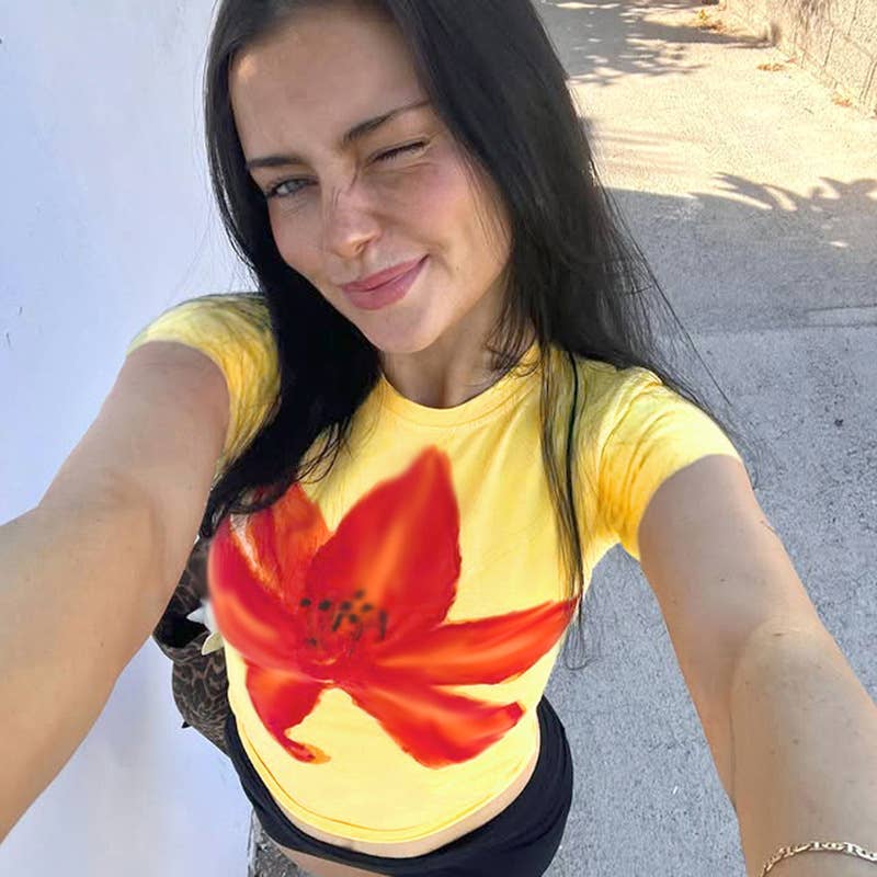 Crew neck slim-fit short-sleeved short T-shirt