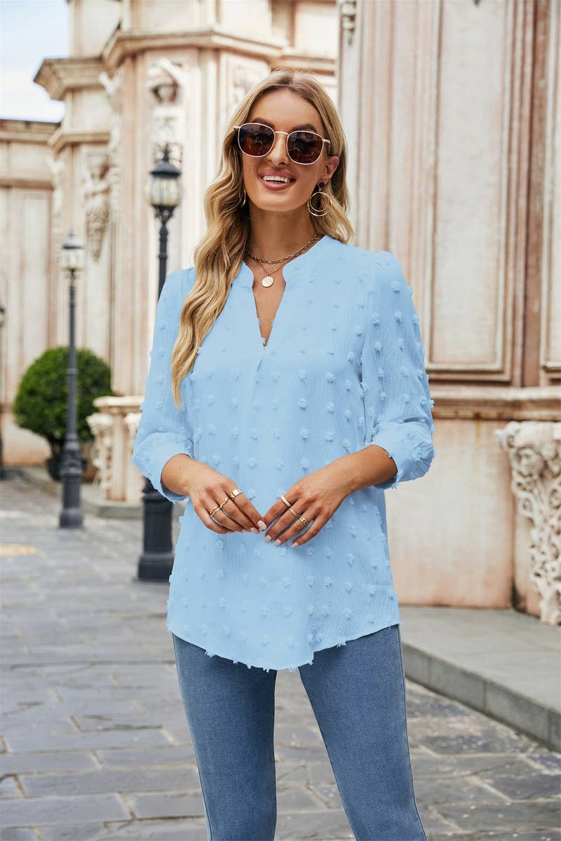 CWTBLL0802_FUR BALL CASUAL CHIFFON MID SLEEVE TOP