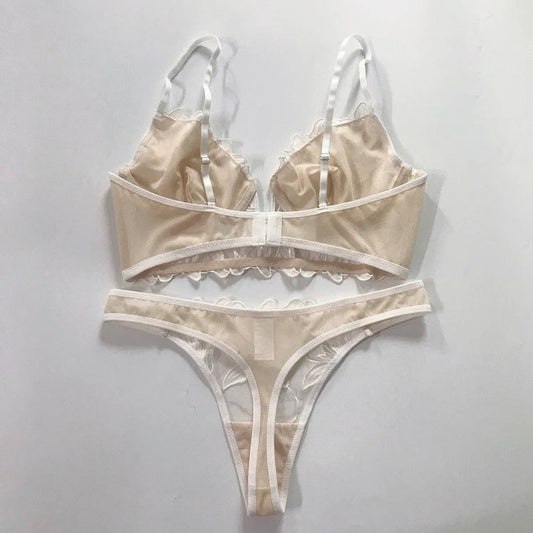 FLOWER EMBROIDERED MESH BREATHABLE LINGERIE SET