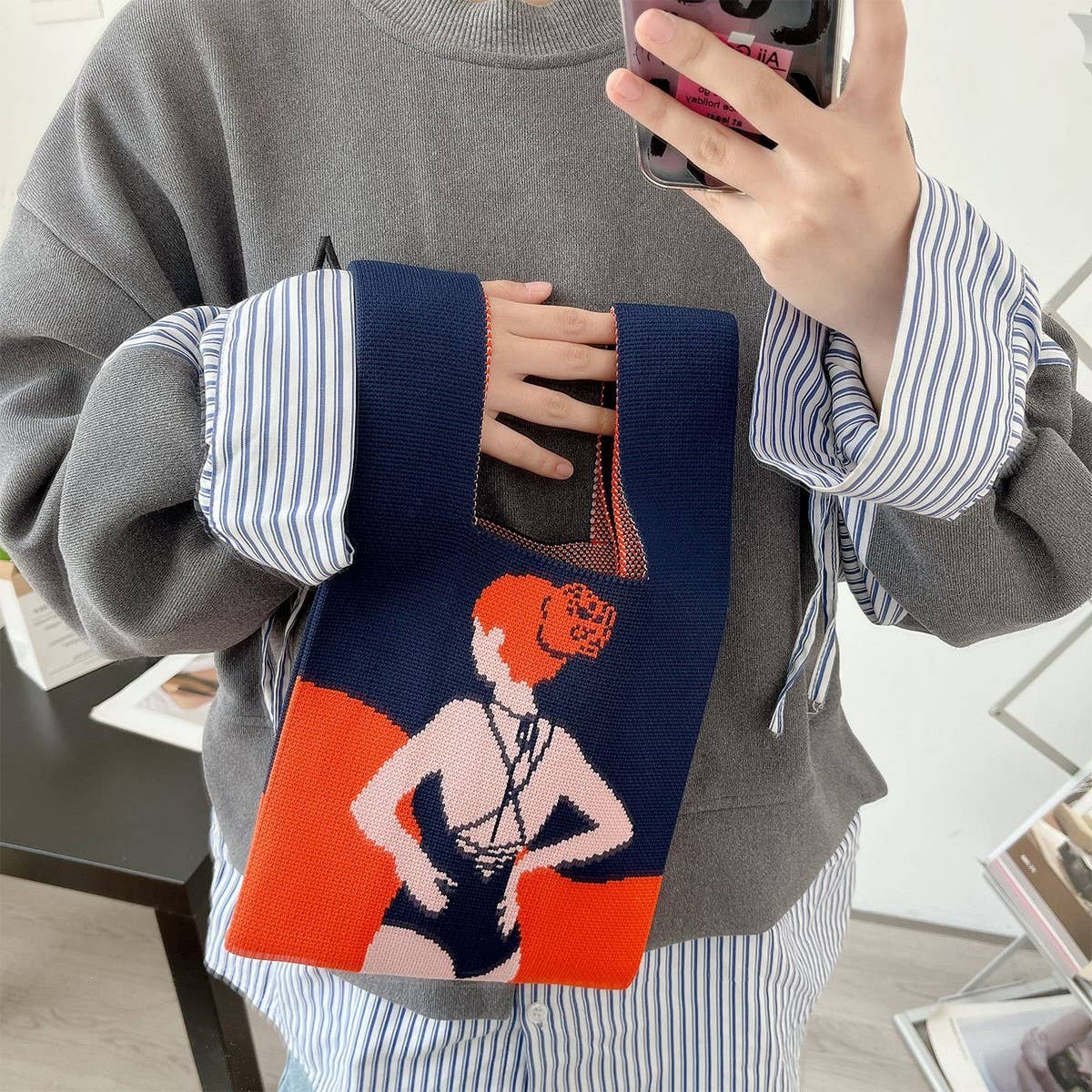 CWAB06032_TRENDY KNIT SHOULDER TOTE BAG FOR WOMEN