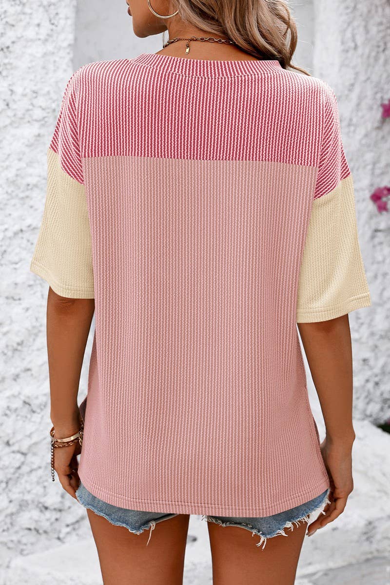 CWTTS1317_SUMMER ROUND NECK COLOR BLOCK LOOSE T-SHIRT