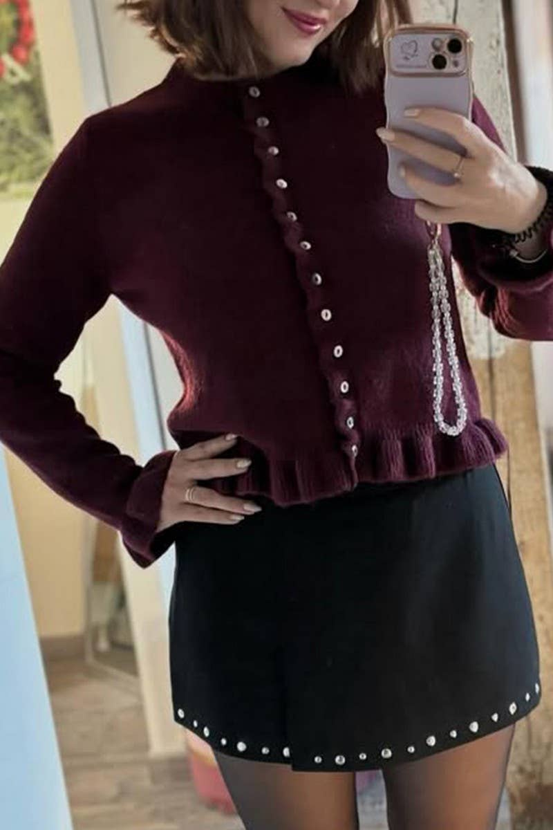 CWOCAL00776_SOLID COLOR RUFFLED KNITTED BUTTON TOP