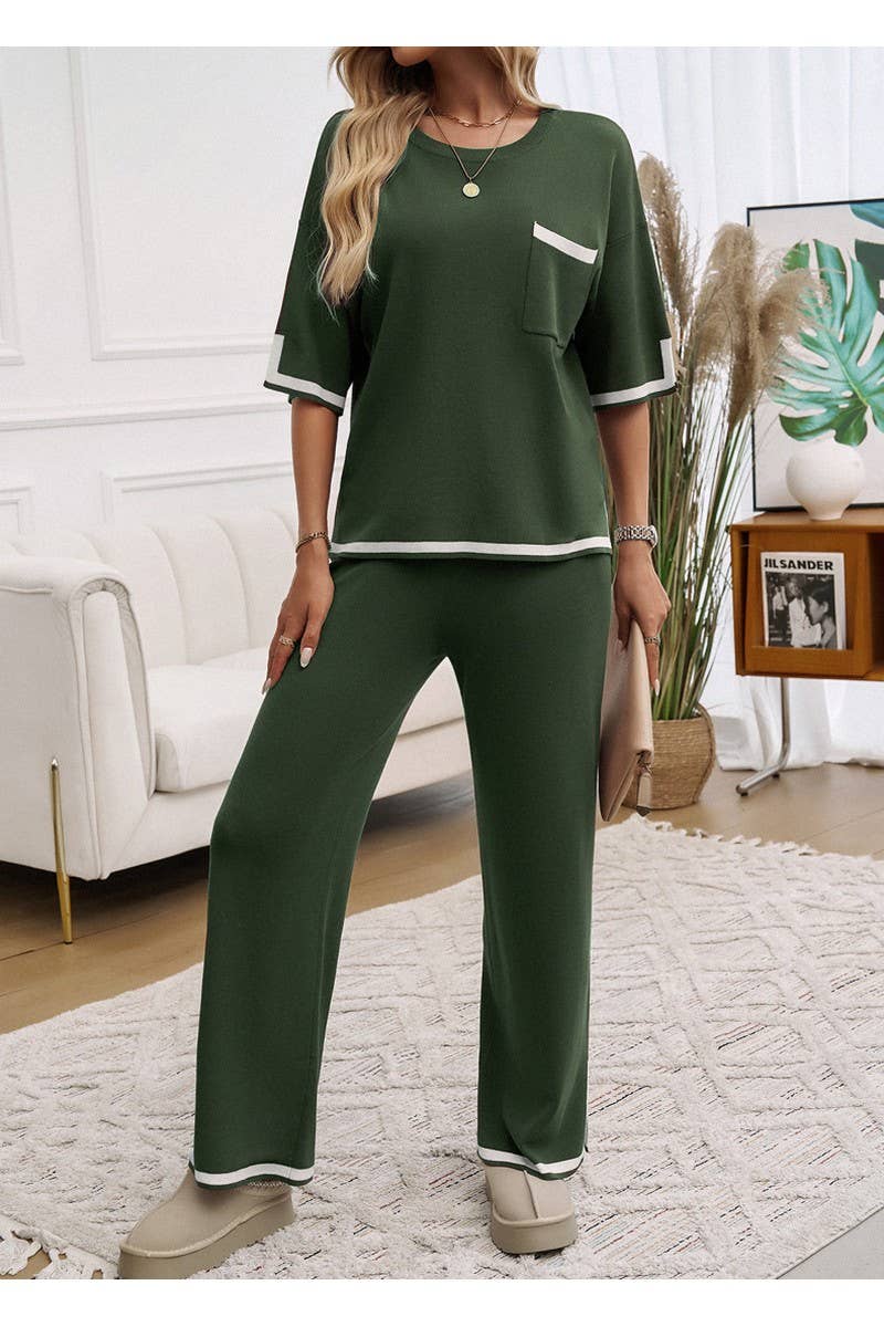 CWSTB0963_Color Matching Short Sleeved Top Pants Knit Set