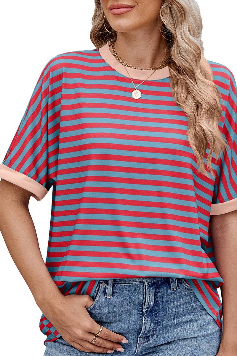 CWTTS1299_LOOSE STRIPED COLORBLOCK CREW NECK T-SHIRT TOP