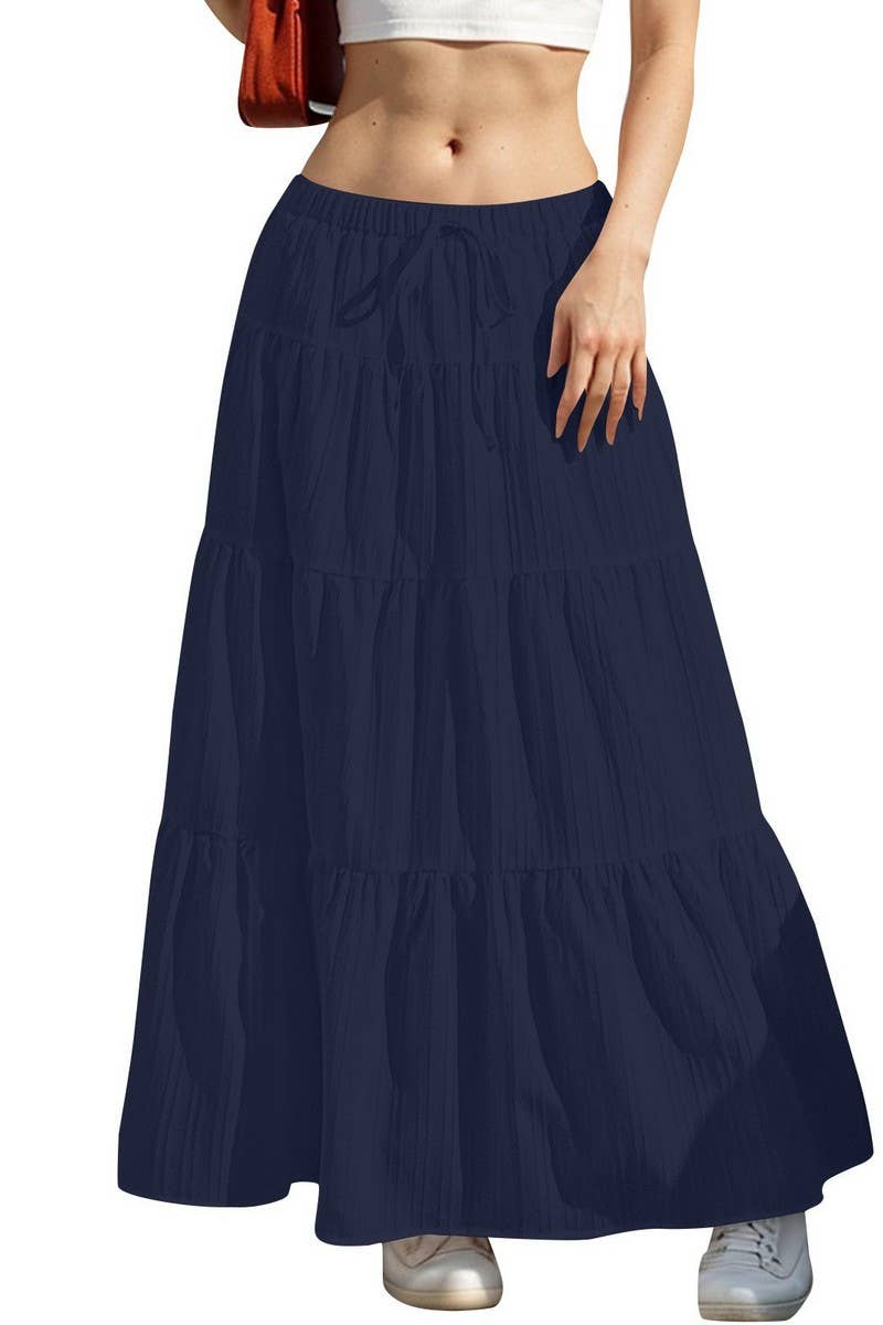 CWBLS0558 _SOLID COLOR STITCHING ELASTIC WAIST MAXI SKIRT