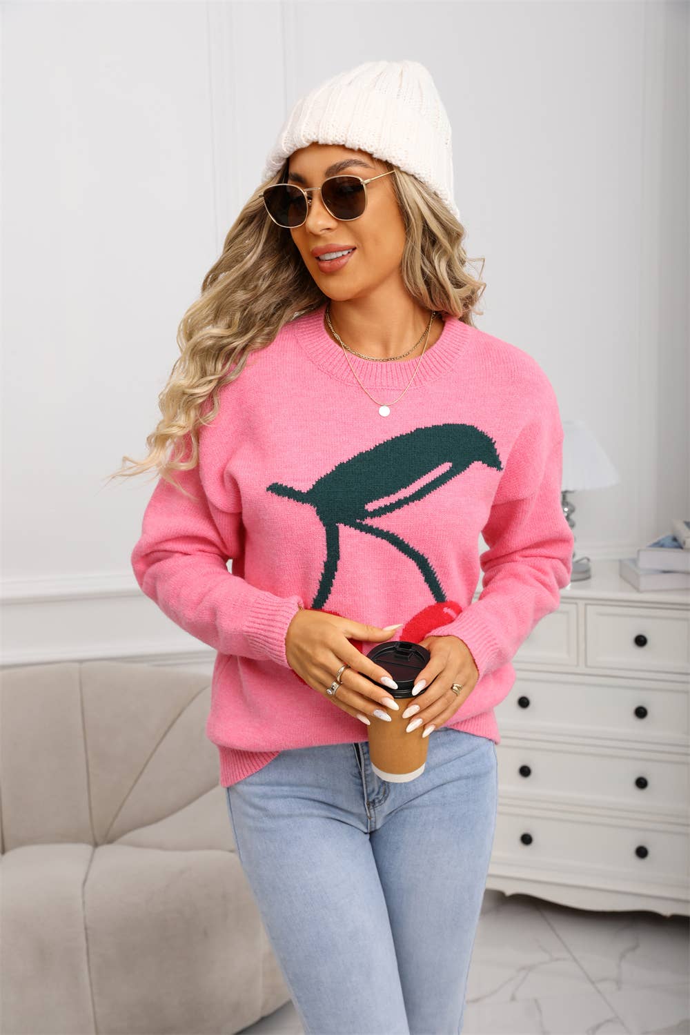 Cherry jacquard Valentine's Day knitted sweater