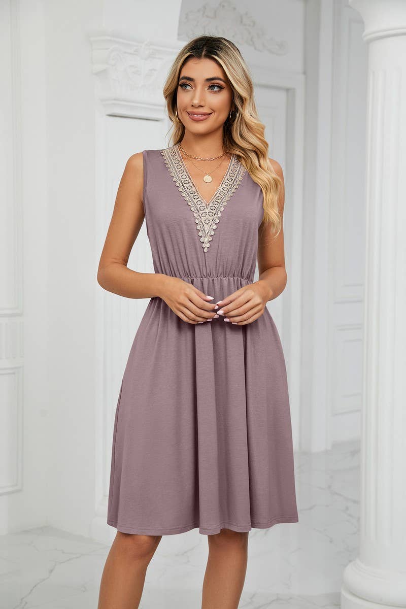 CWDSD3116_V-Neck Lace Trim Sleeveless Dress