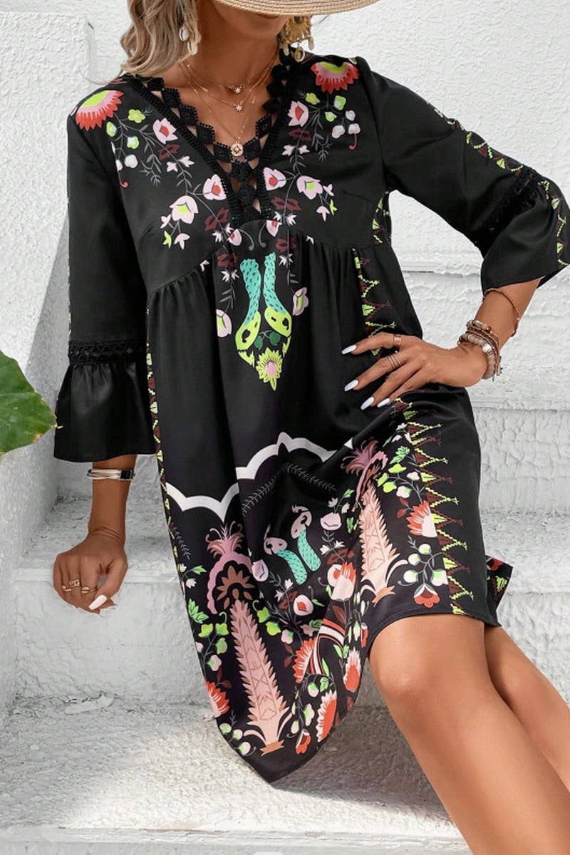 CWDSD8671_SUMMER V-NECK LACE STITCHING CASUAL DRESS