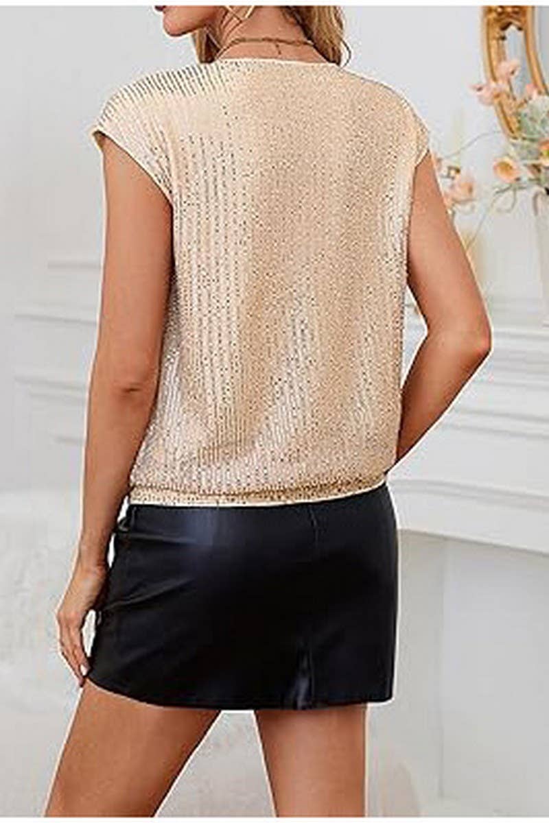 CWTTS1387_RAGLAN SLEEVE SEQUINED SLIM V-NECK SOLID COLOR TOP