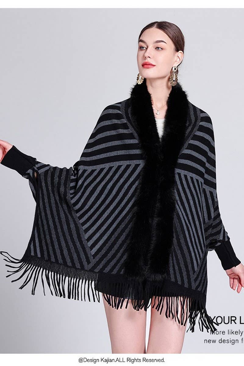 CWOCAL0971_STRIPED FRINGED KNITTED CAPE CARDIGAN