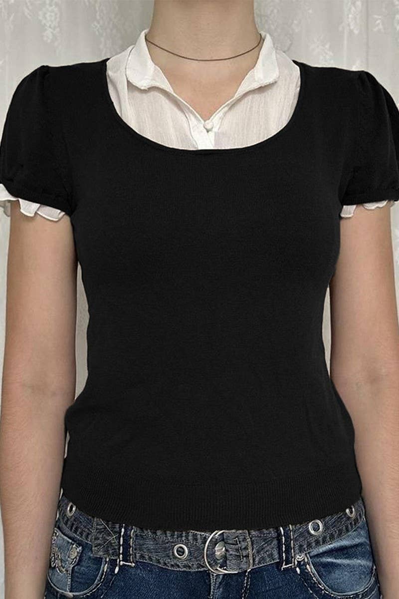 CWTTS00703_HOT GIRL STYLE SOLID COLOR STITCHING SHORT SLEEVE