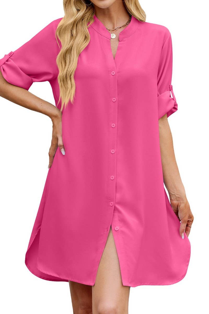 CWTDSS0073_SOLID LOOSE FIT MID SLEEVE BUTTON SHIRT DRESS