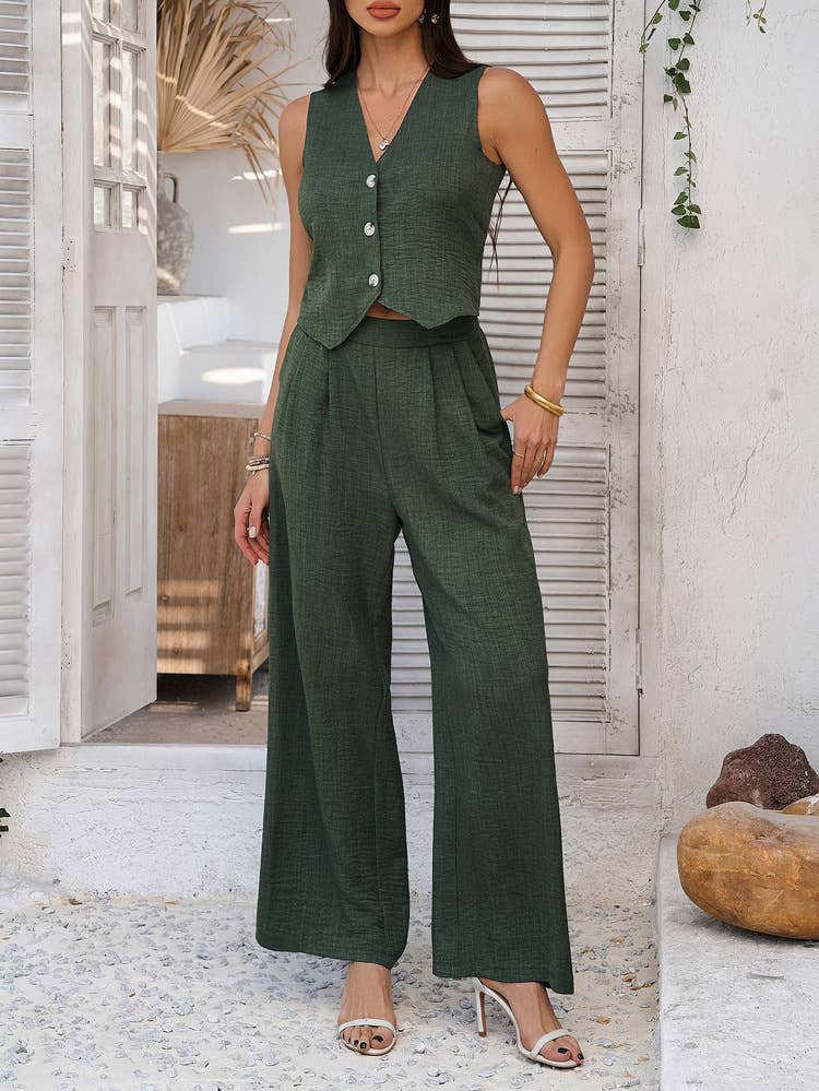 Commute solid color waistcoat wide-leg pantsuit