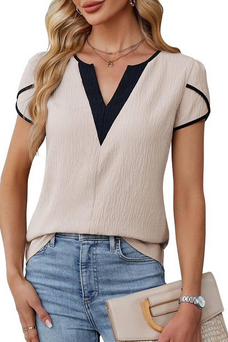 CWTBLS2260_COLORBLOCK V-NECK PETAL SLEEVE BLOUSE