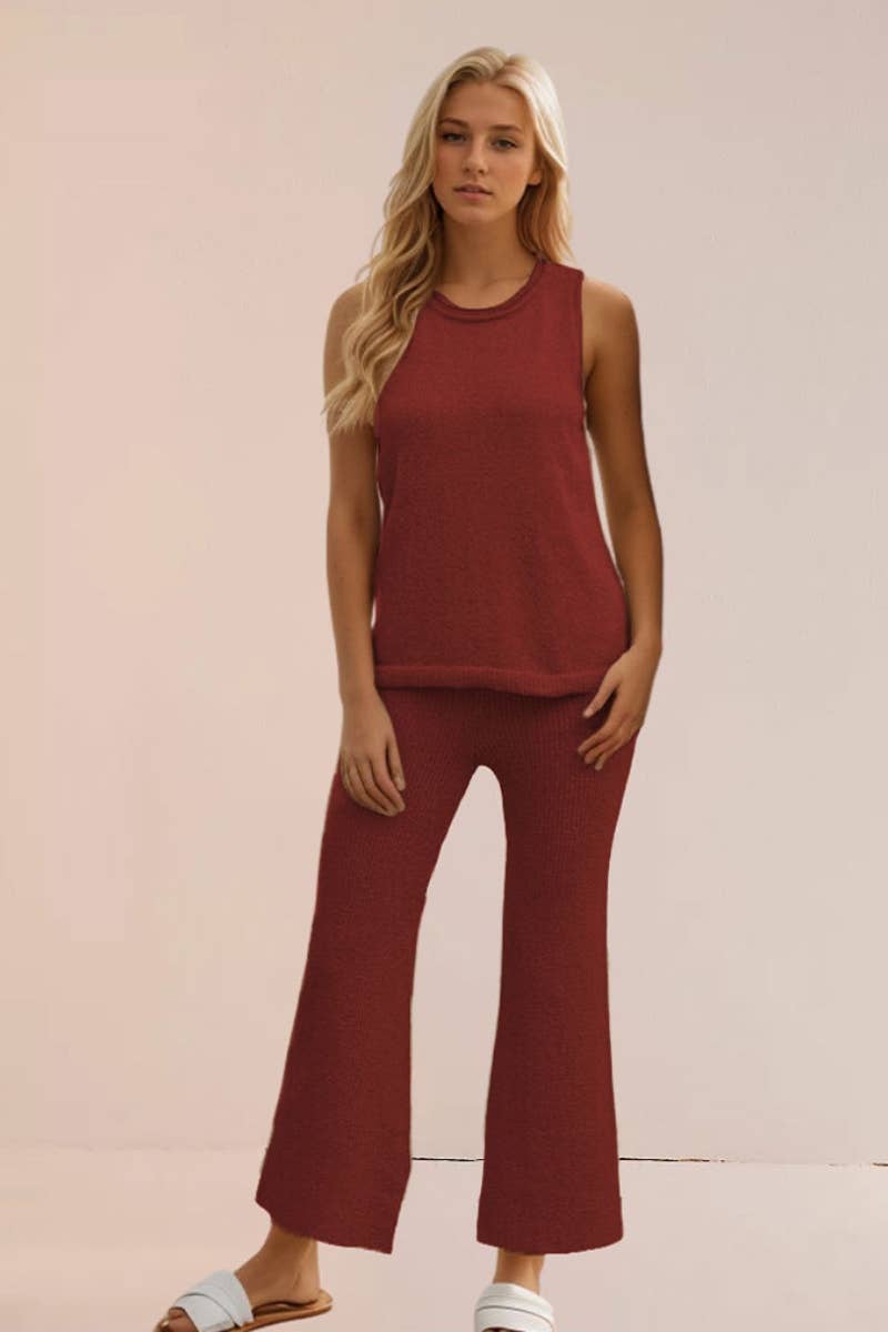 CWSS0495_KNIT SLEEVELESS TOP AND PANTS SUIT FOR WOMEN