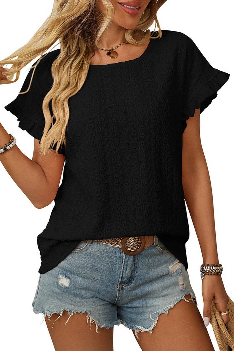 CWTBLS1710_SOLID COLOR ROUND NECK SHORT SLEEVE HOLLOW TOP