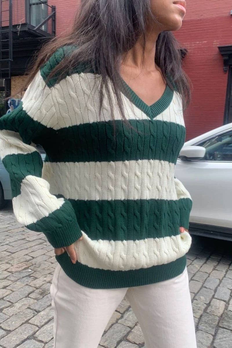 CWOSWL5744_V-NECK STRIPED CONTRAST CHUNKY KNIT SWEATER