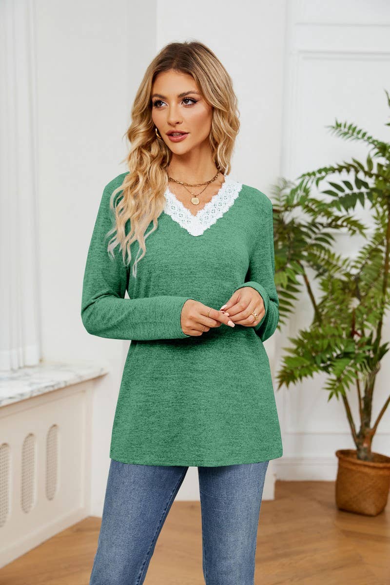 CWTBLL2385_V-NECK LACE LONG-SLEEVED LOOSE PULLOVER