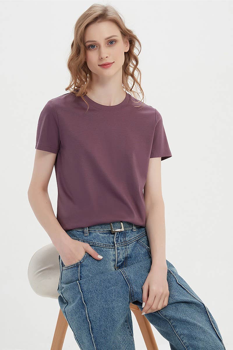 CWTTS1037_SOLID COLOR CASUAL ROUND NECK WOMEN T-SHIRT