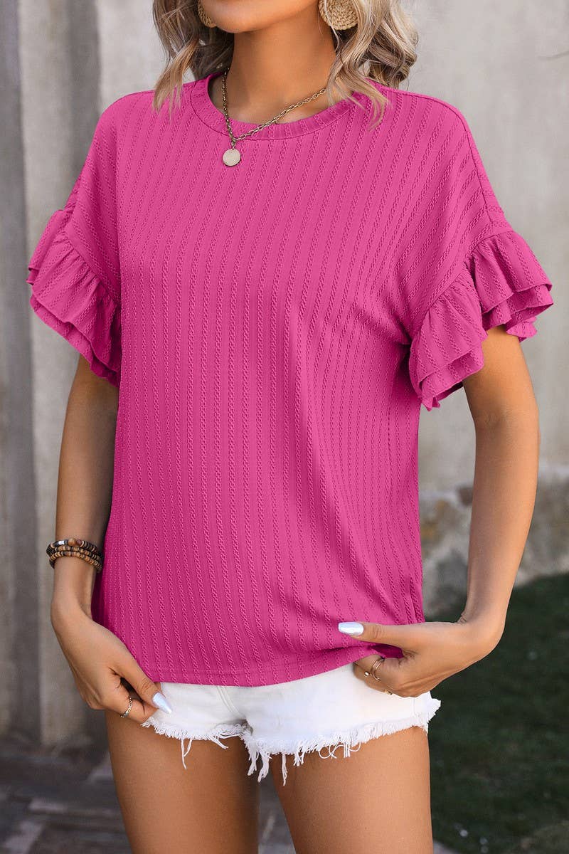 CWTBLS0906_ROUND NECK SHORT SLEEVE SHIRT WITH LOTUS SLEEVES