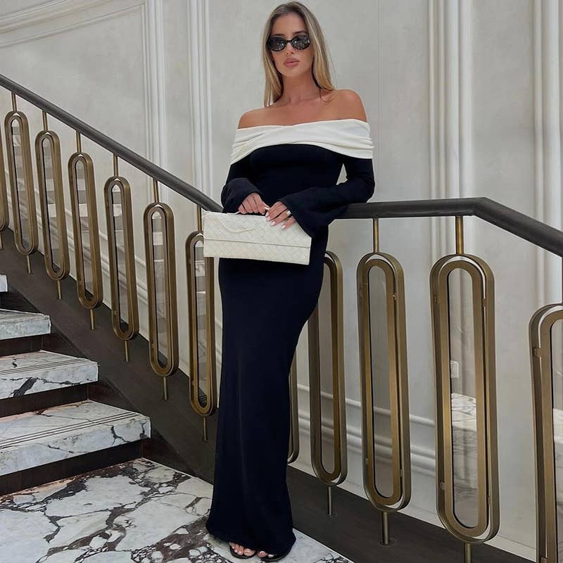 Color-blocking one-shoulder high-waisted dress