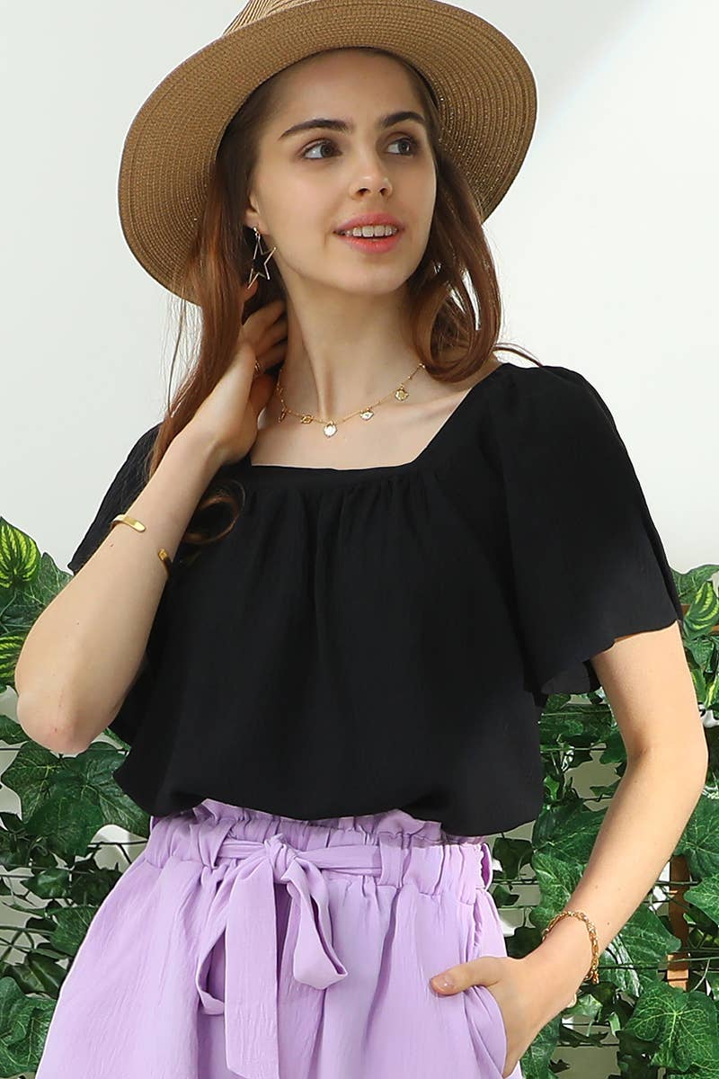 CWTBLS192-P_SQURE NECK RUFFLE NECK SHORT SLEEVE BLOUSES TOP