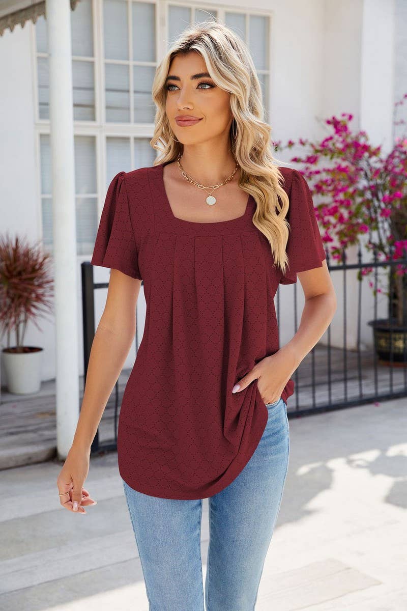 CWTTS0813_Squre Neck Short Ruffle Sleeve Knit Top