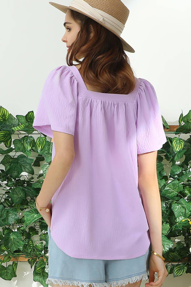 CWTBLS192-P_SQURE NECK RUFFLE NECK SHORT SLEEVE BLOUSES TOP