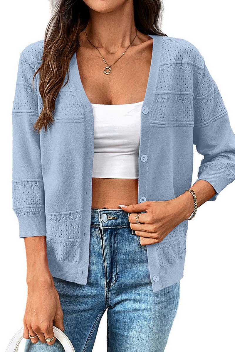 CWOCAL2303_THREE-QUARTER SLEEVE HOLLOW KNIT V-NECK CARDIGAN