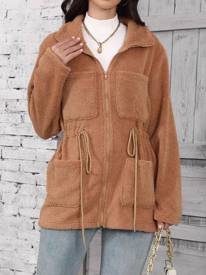 BAGGY POCKETS ZIP-UP LAPEL CARDIGAN FLEECE COAT