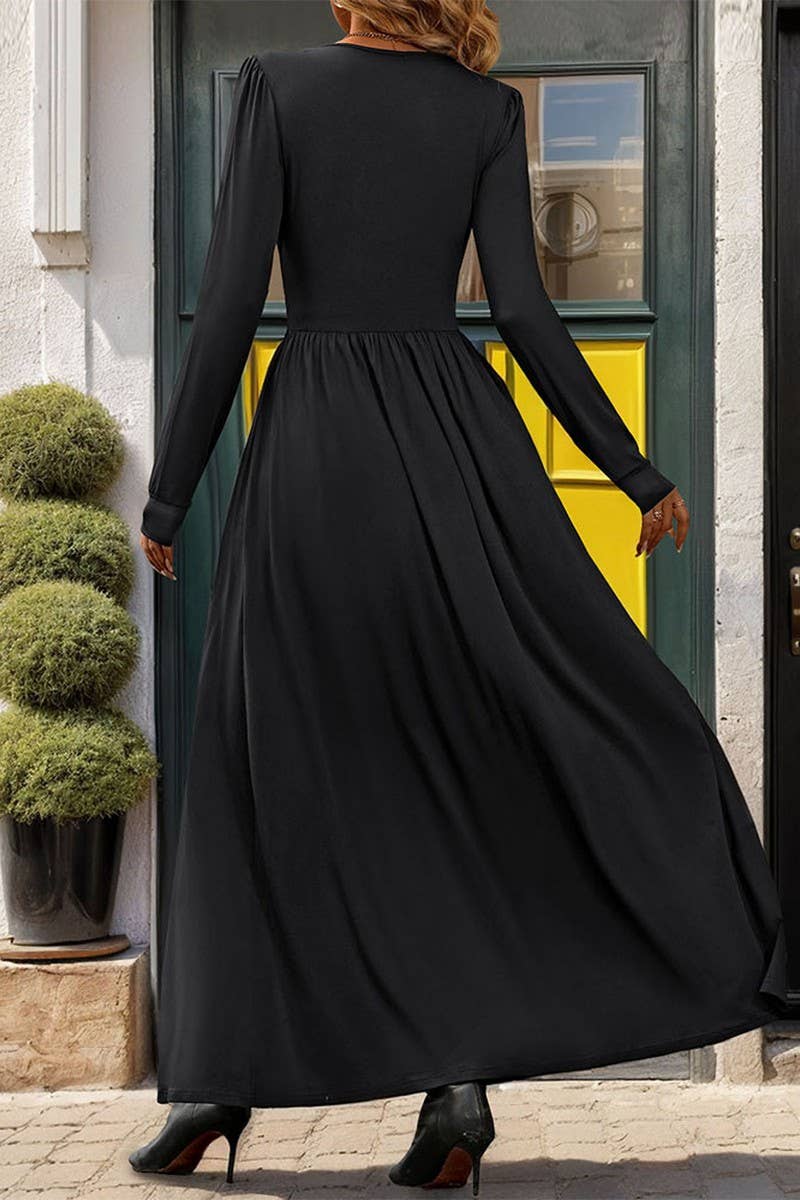 CWDMD3054_SOLID COLOR V-NECK SLIT SLIM LONG SLEEVE DRESS