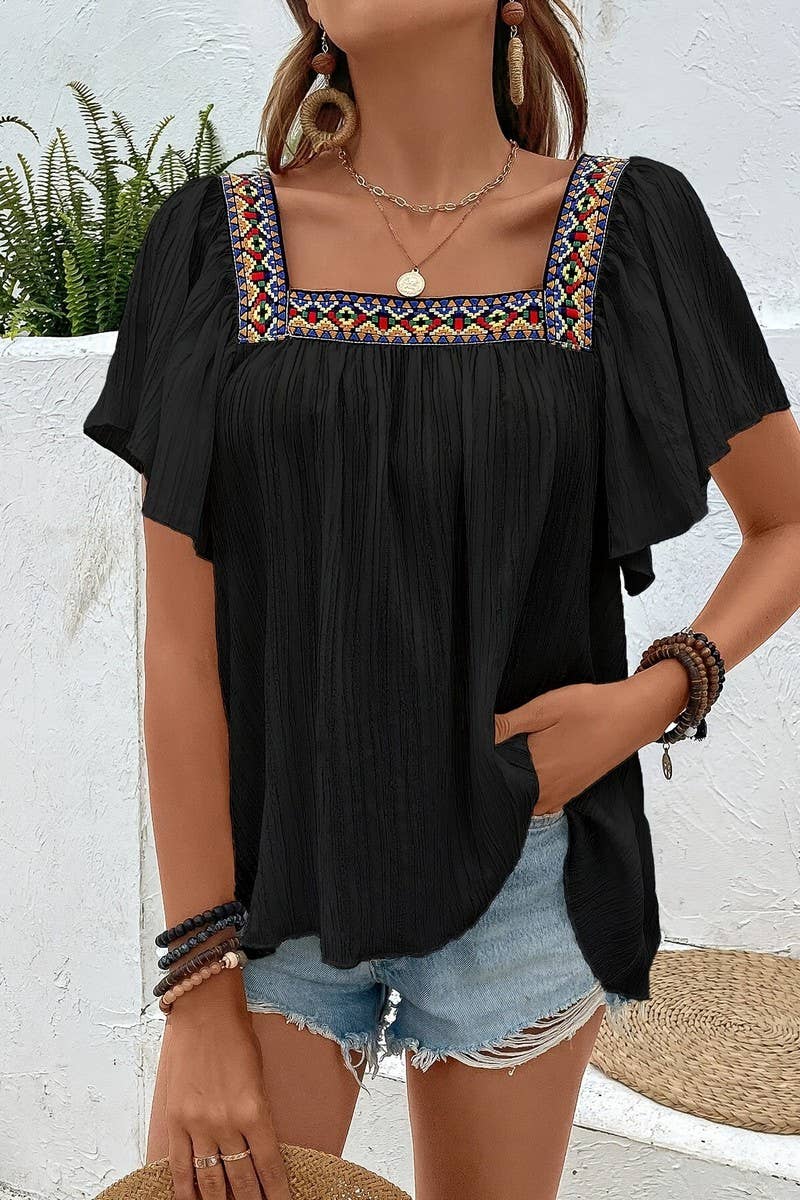 CWTBLS2011_EMBROIDERED LACE RUFFLE SLEEVE BACKLESS BLOUSE