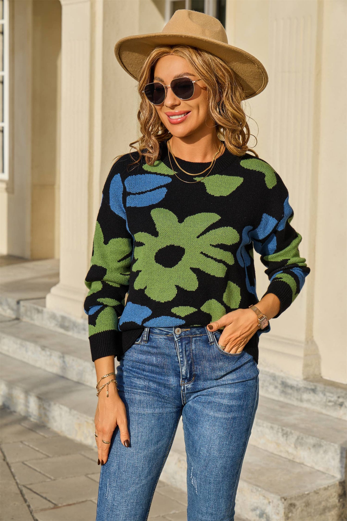 Casual versatile floral printed knitted sweater