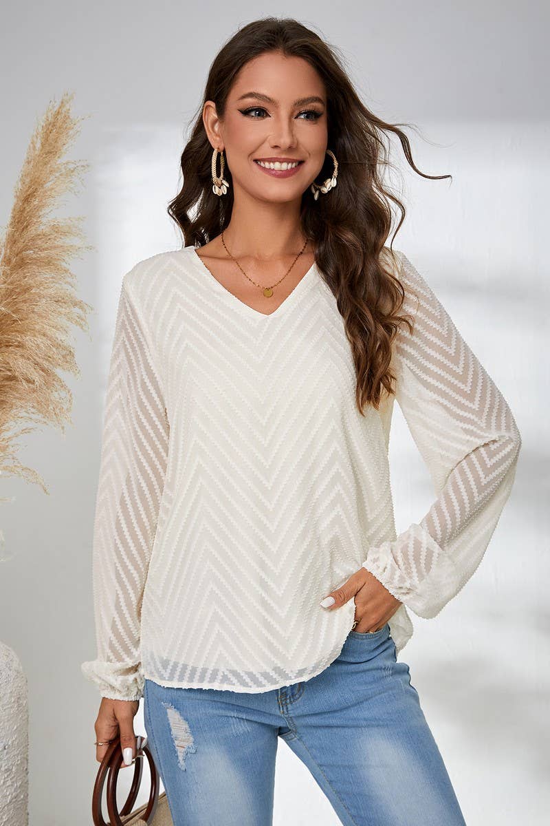 CWTBLL3848_SEMI-SHEER LONG SLEEVE JACQUARD PULLOVER SHIRT