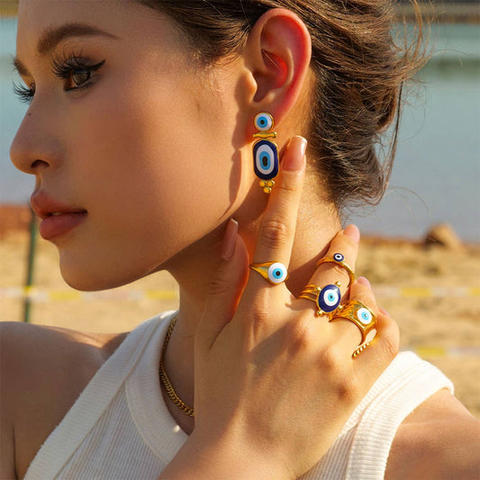 OIL DRIPPING BLUE EVIL EYE PENDANT RINGS,EARRINGS_CWAJE0621