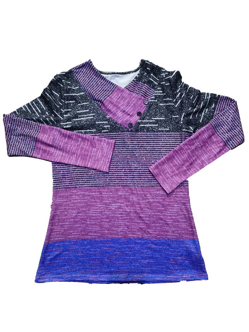 BUTTON-UP V-NECK LONG SLEEVE T-SHIRT TOP